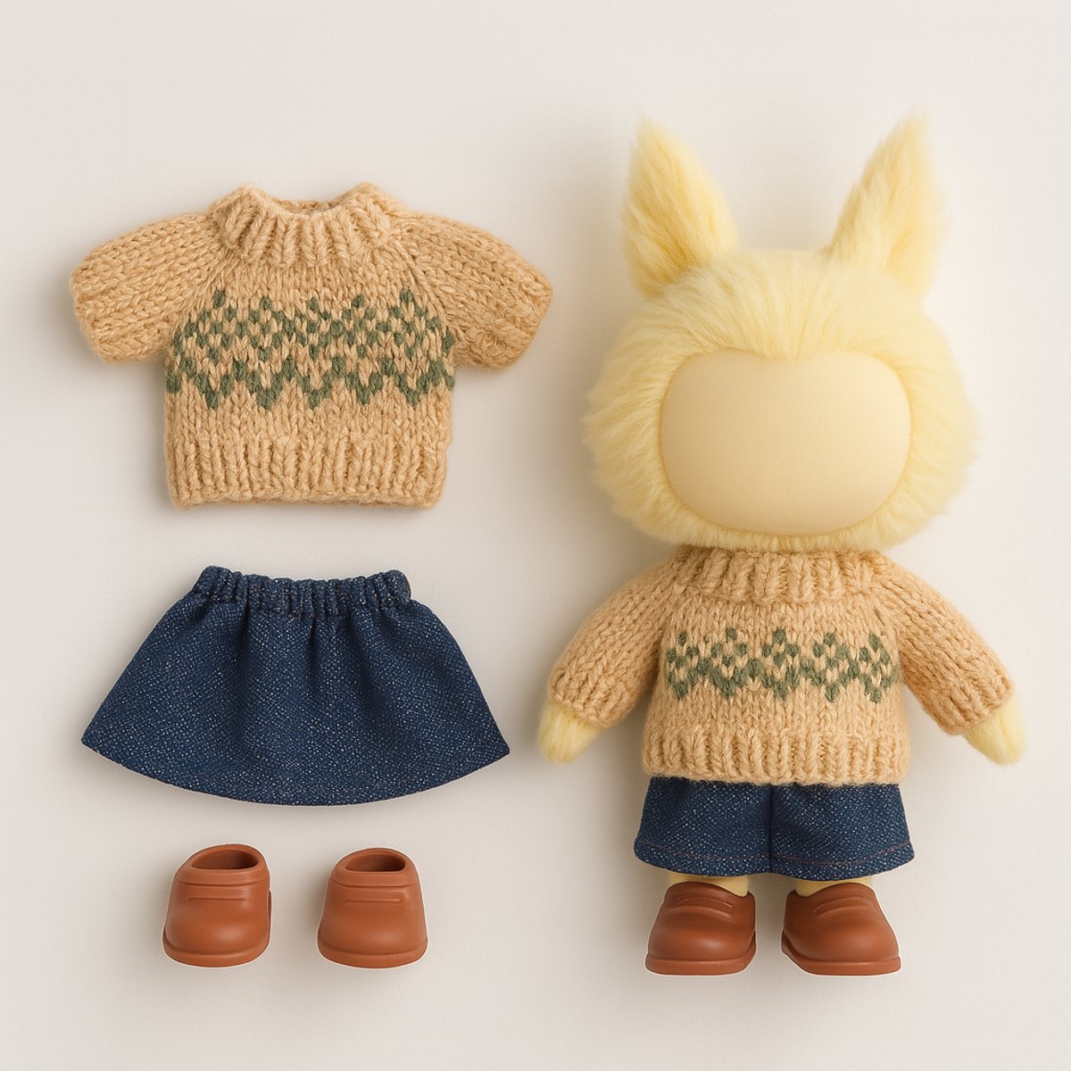 Kledingset geschikt voor Labubu – Gebreide camel trui met patroon, denim rokje en bruine schoentjes – voor 15-17 cm Labubu poppen (Big Into Energy, Macarons, Have a Seat) | Labubu Kleding | Labubu Kleren